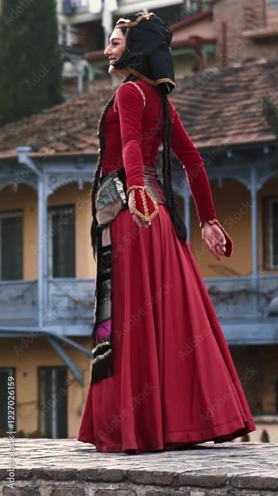 A beautifull woman in a national Georgian dress is dancing in Old Tbilisi city A beautifull woman in a national Georgian dress is dancing in Old Tbilisi city