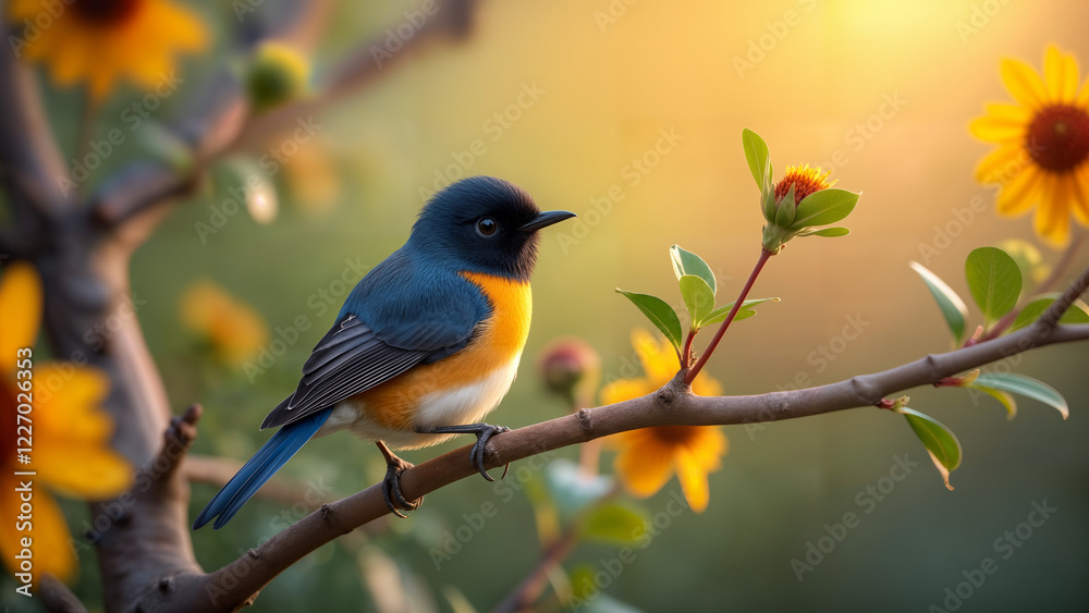 Fairywren in a Sunlit Flowered Environment Fairywren in a Sunlit Flowered Environment