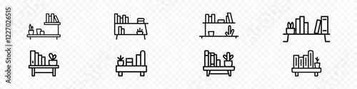 Wall Bookshelf line icon, books on the shelf icon, A shelf with books and cactus icon