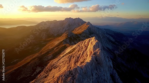 Sunset over rugged mountain ridge, aerial view, coastal background, travel photography.