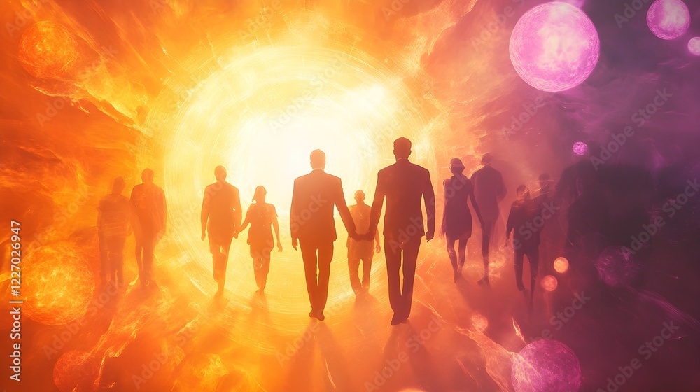 people walking towards bright light people walking towards bright light