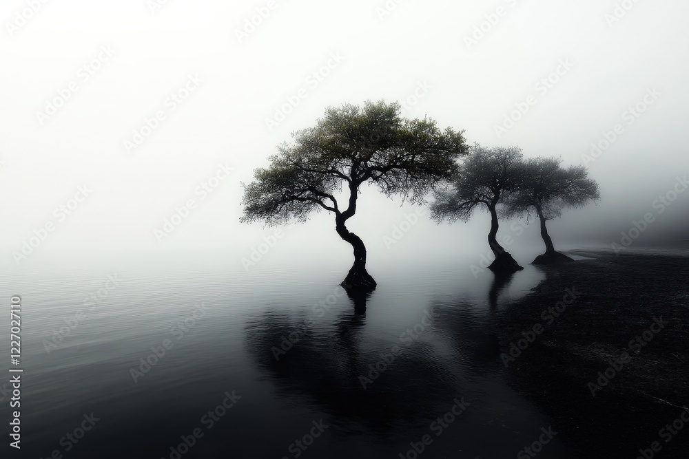 A serene scene featuring three trees silhouetted against a foggy backdrop, reflecting beautifully on still waters during dawn, evoking peace and solitude in nature.
