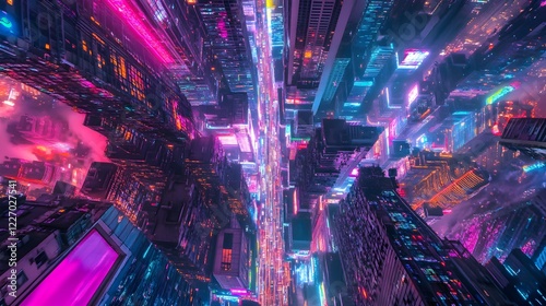 neon cityscape aerial view at night