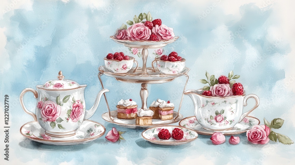 Fototapeta premium Watercolor illustration of British afternoon tea,tea break in the English style,tea set with Afternoon tea stand with macaroons and scone,cake,cup of tea,Tea time dessert table,vintage style.