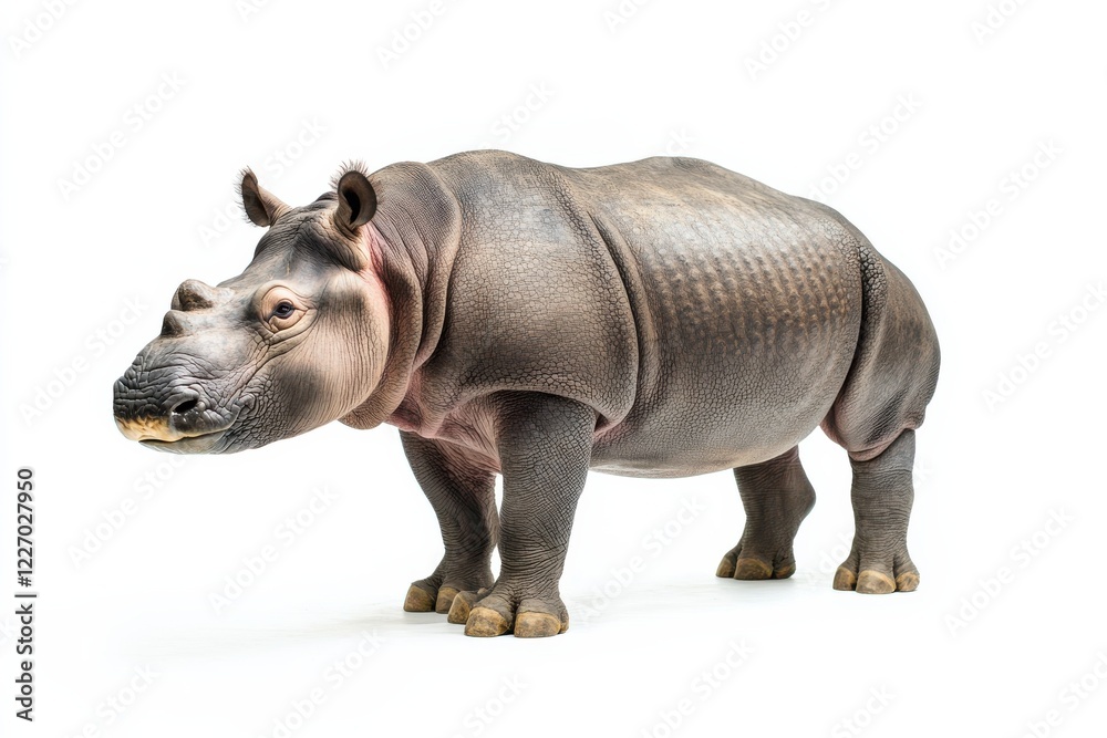 Fototapeta premium Young rhinoceros standing against white background.