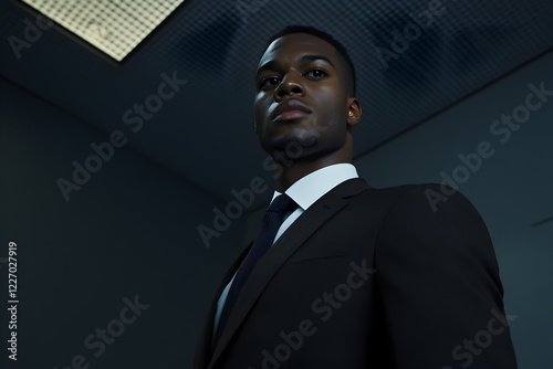 A young Black man wearing a suit, confidently leading a business meeting in a modern office space.


