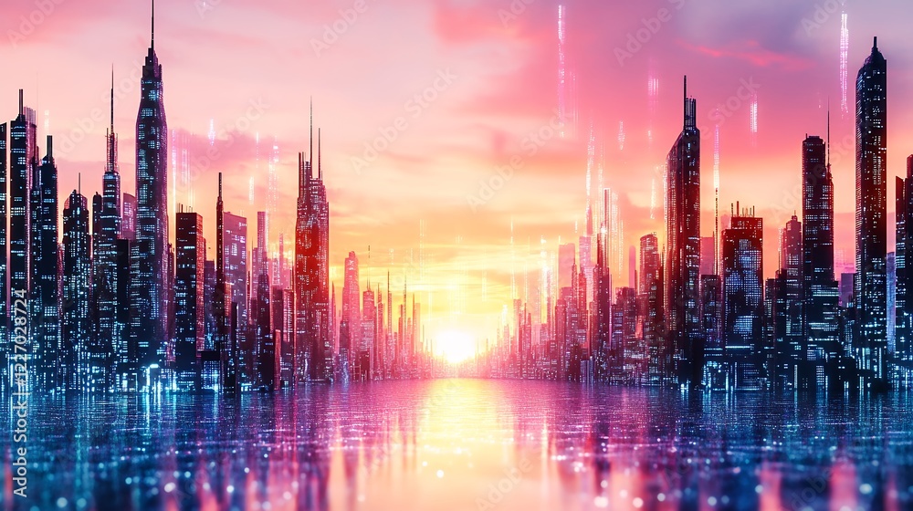 Vibrant Futuristic City at Sunset with Glowing Buildings and Vibrant Futuristic City at Sunset with Glowing Buildings and