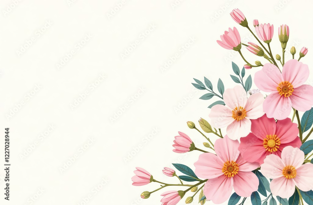 Spring flowers on a greeting card, space for text. Pastel colors. Spring flowers on a greeting card, space for text. Pastel colors.