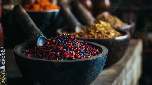 Fototapeta Naklejka Na Ścianę i Meble -  Assortment of spices in mortar and pestle on rustic table