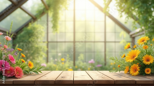Beautiful greenhouse with flowers background