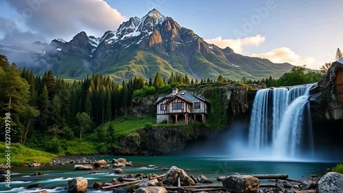 Stunning Waterfall House Mountain Landscape 4K Video