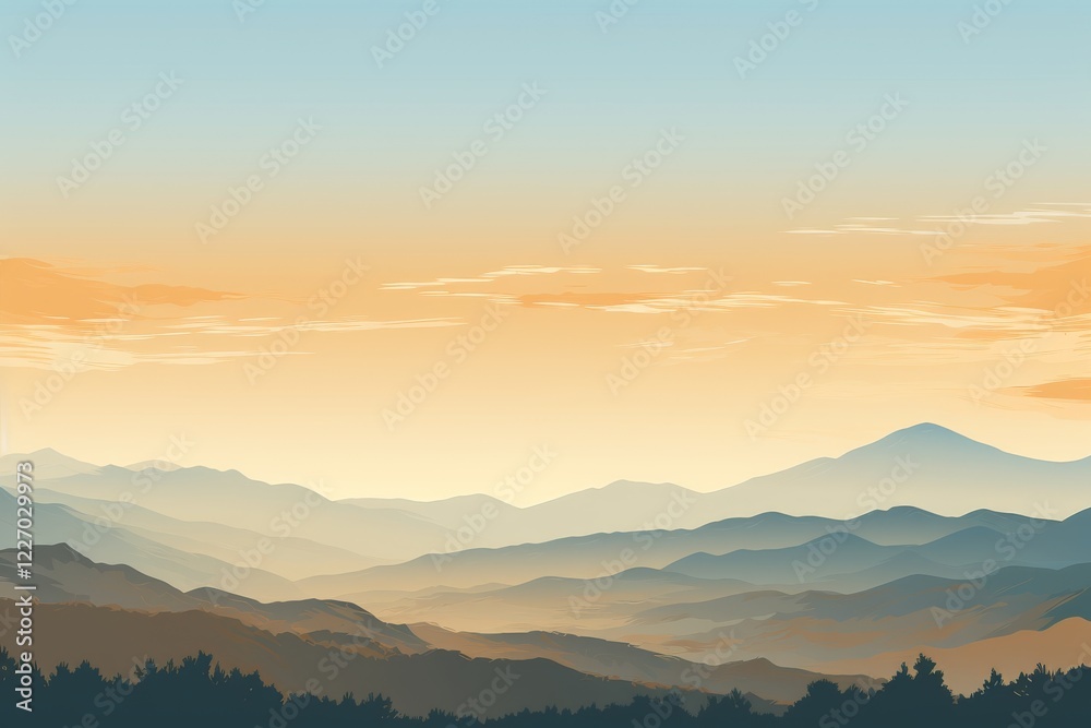 Fototapeta premium Mysterious mountains bathed in soft hues during a tranquil sunset. Generative AI