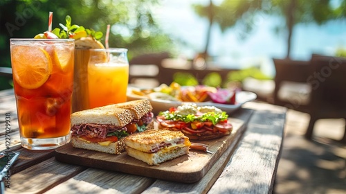 Outdoor picnic table with a wooden surface, holding a spread of sandwiches and drinks. picture photo