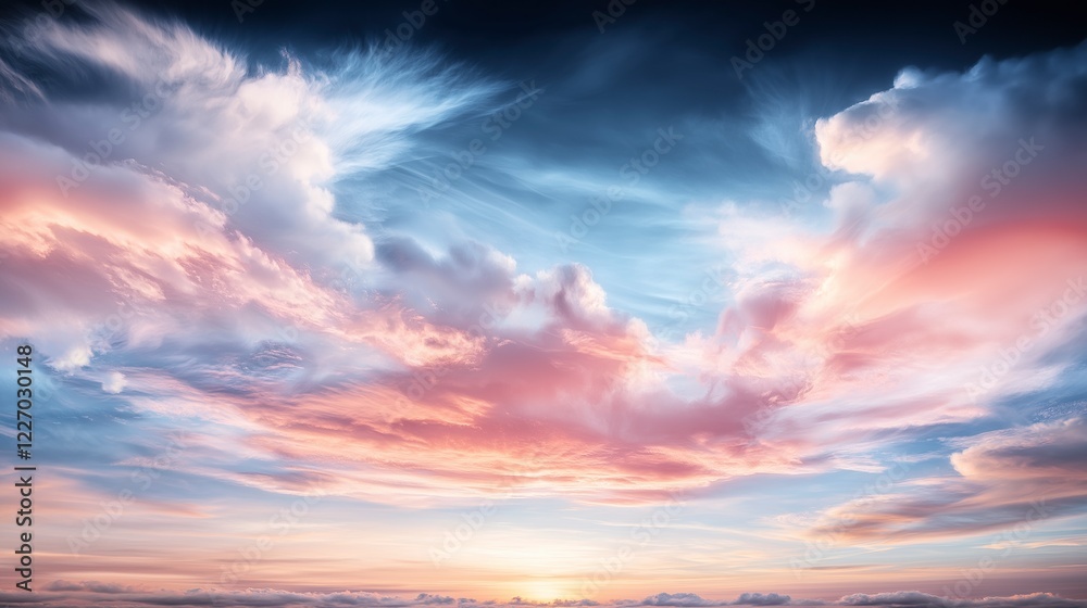Obraz premium Vibrant clouds dance in a picturesque sunset sky over a tranquil horizon filled with hues of pink and orange. Generative AI