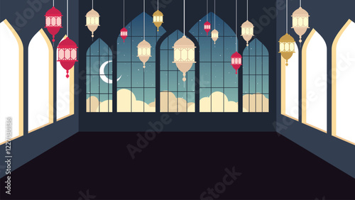 vector illustration of a room with an islamic lantern and a window with a view of the night sky and the crescent moon