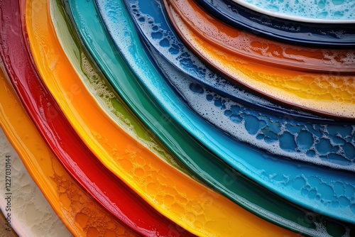 A captivating display of colorful plates showcasing splash art, presenting an abstract blend of hues and forms, perfect for inspiring creativity in culinary or design fields.