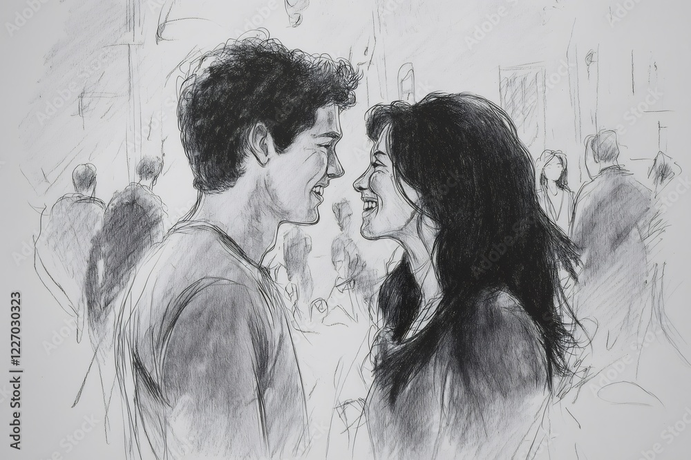 Fototapeta premium Romantic pencil sketch of a young couple smiling and looking at each other in a crowded place, concept of love and relationship