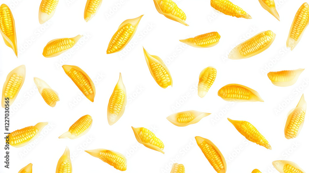 Seamless pattern of farm fresh yellow corns for healthy diet suitable for food industry isolated over white background in square format Seamless pattern of farm fresh yellow corns for healthy diet suitable for food industry isolated over white background in square format