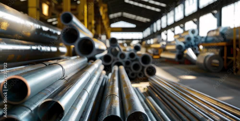 A detailed close-up of steel pipes stacked in an industrial warehouse, showcasing manufacturing, construction, and heavy industry materials.