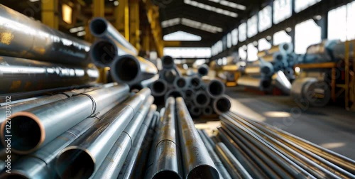 A detailed close-up of steel pipes stacked in an industrial warehouse, showcasing manufacturing, construction, and heavy industry materials.