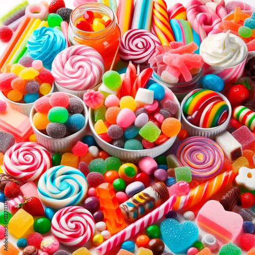 Assortment of sweets and treats. Colorful jelly candies on white background