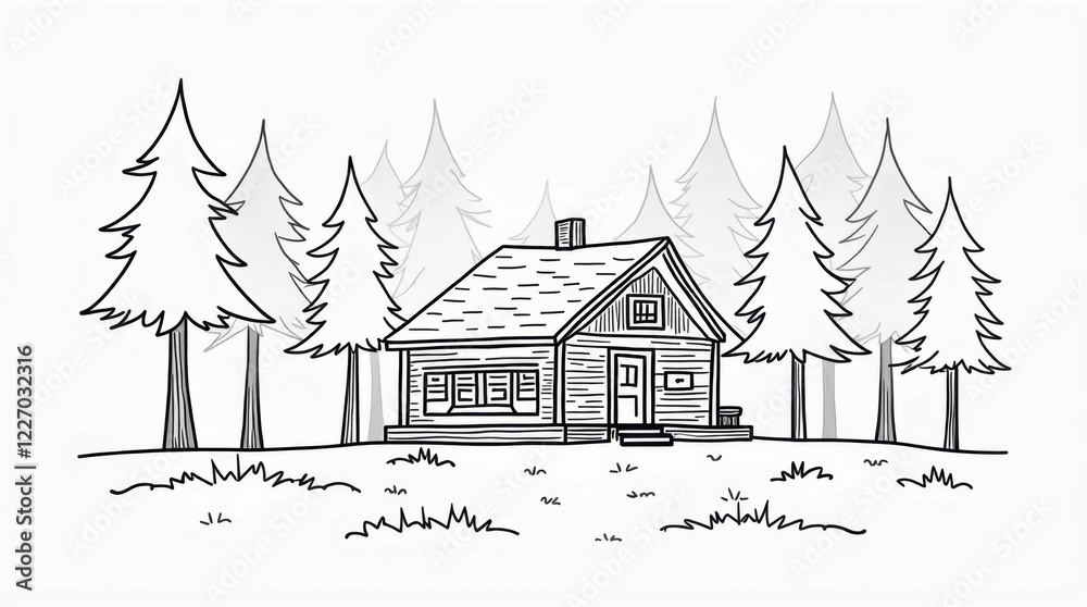 Obraz premium Minimal Line Art Illustration of a Cozy Cabin in the Woods
