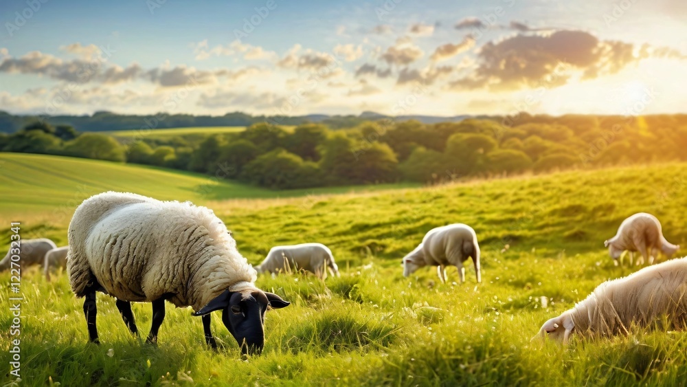 Fototapeta premium fluffy sheep Grazing in a Meadow on a Summer Sunny Day: Illustration for National Farm Animals Day