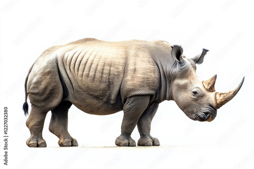 Obraz premium A majestic rhinoceros stands against a white background.