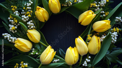 Wallpaper Mural Spring vector poster of yellow tulips bunch and springtime lily of valley wreath. Floral design of blooming flowers and ribbon for Hello Spring or march holidays greeting Torontodigital.ca