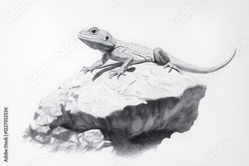 Pencil drawing representing a lizard resting on a rock, showcasing wildlife in a detailed and artistic style