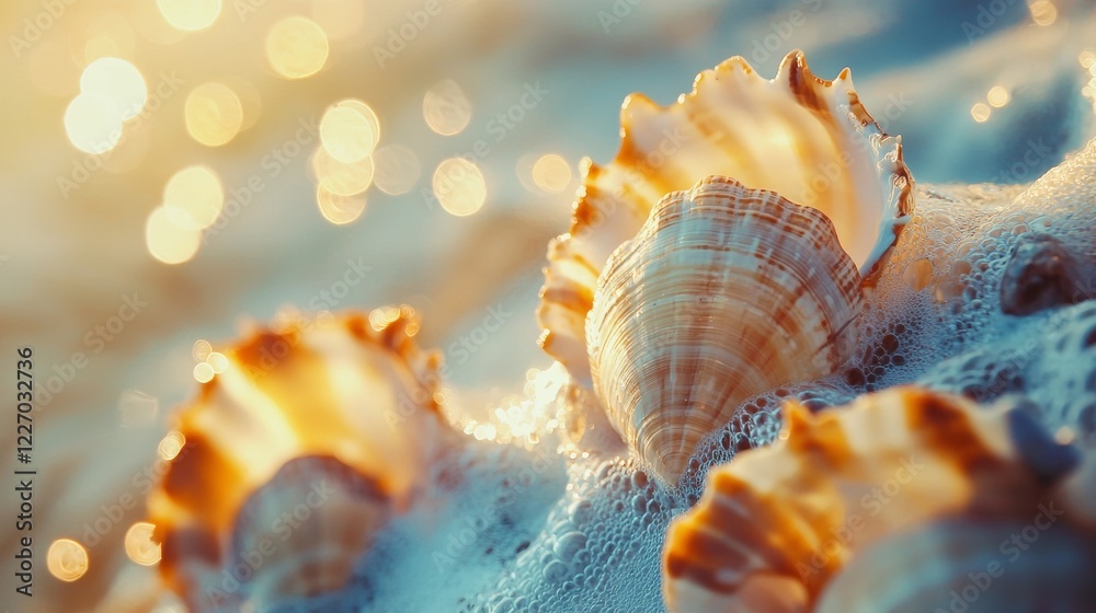 Seashells on sandy beach with golden bokeh in sunlight Seashells on sandy beach with golden bokeh in sunlight