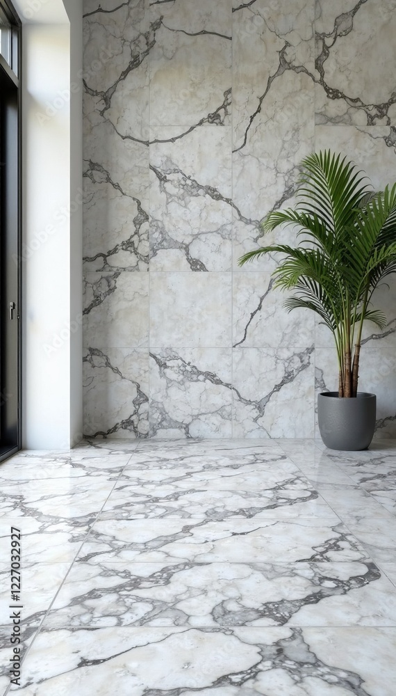 Modern interior showcasing elegant marble flooring and a potted plant against a stylish wall. Modern interior showcasing elegant marble flooring and a potted plant against a stylish wall.
