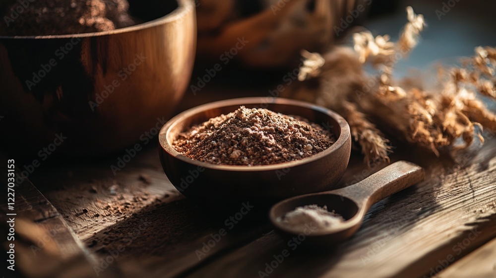 Rustic spices and ingredients on a wooden table in soft light Rustic spices and ingredients on a wooden table in soft light