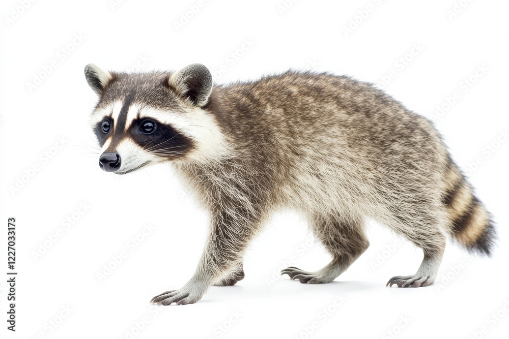Obraz premium A young raccoon walks on a white background
