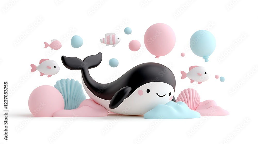 Fototapeta premium Playful Cartoon Whale with Pastel Balloons and Fish, a 3D Render