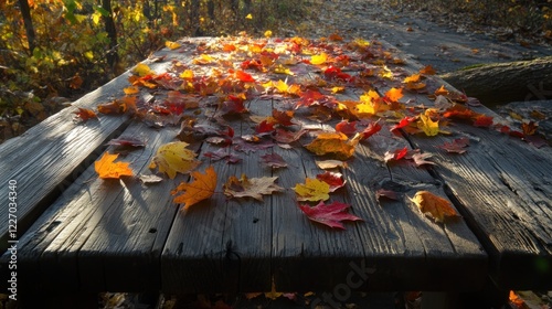 Autumn's Embrace: A Rustic Wooden Picnic Table Adorned with Vibrant Fall Leaves