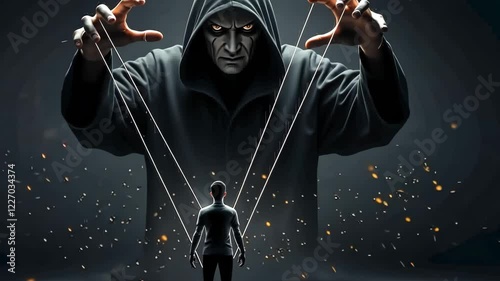 Puppet, manipulation and control with man, shadow and string for power, influence or domination. Concept, person and dark figure with manipulation for authority or deception