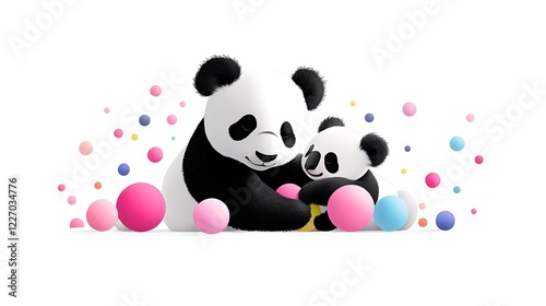Adorable Panda Mother and Cub Embrace Amidst Pastel Balls