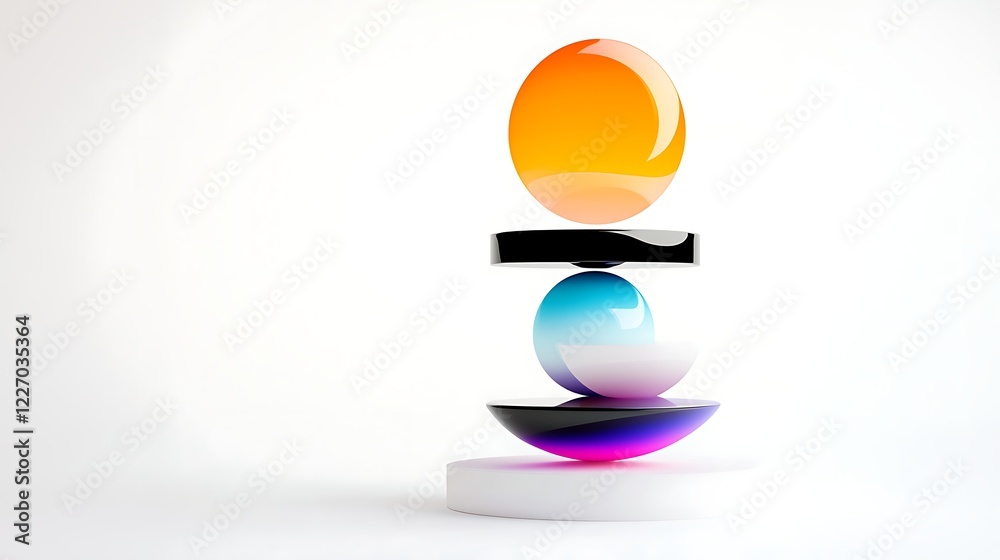 Balanced Colorful Spheres Abstract Sculpture on White Background