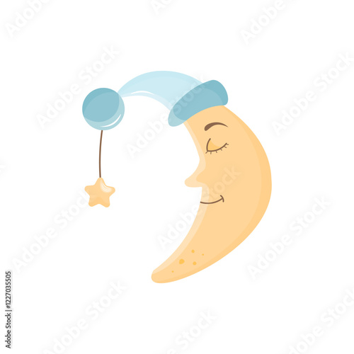 Sleeping moon in a cap. For kids design . Stock isolated clipart on a white background. Baby shower theme. Graphic design vector illustration