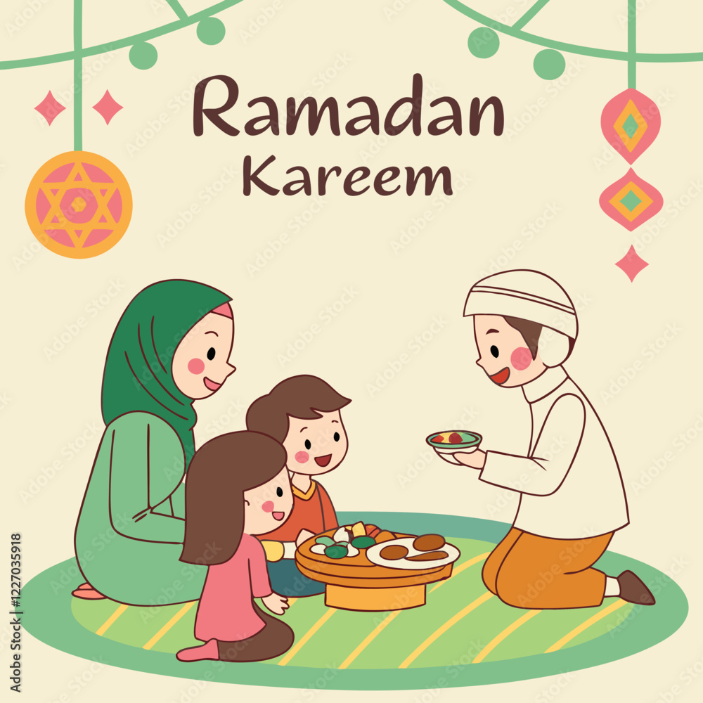 Flat-style Ramadan Kareem greeting with festive family illustration Flat-style Ramadan Kareem greeting with festive family illustration