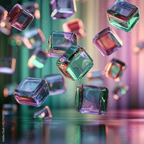 Colorful glass cubes falling on reflective surface, abstract background, digital art