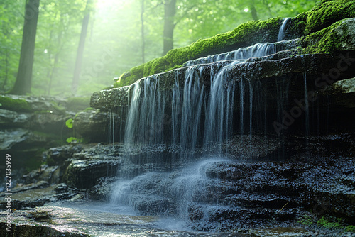 Serene Waterfall Cascades Through Mossy Rocks in Forest photo