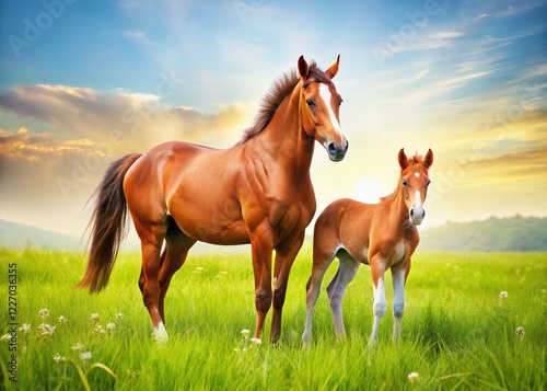 A heartwarming scene: mare and foal graze peacefully in a sun-drenched pasture.