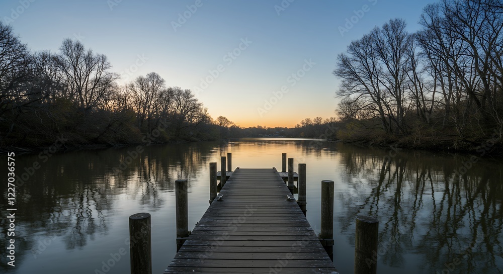 Naklejka premium Serene Sunset Lake Dock Landscape Photography