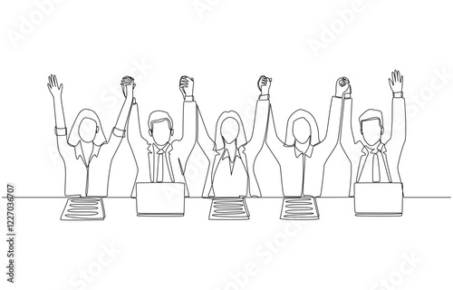 Continuous one line drawing of businesspeople holding hands each other to celebrate success, business team celebration concept, single line art