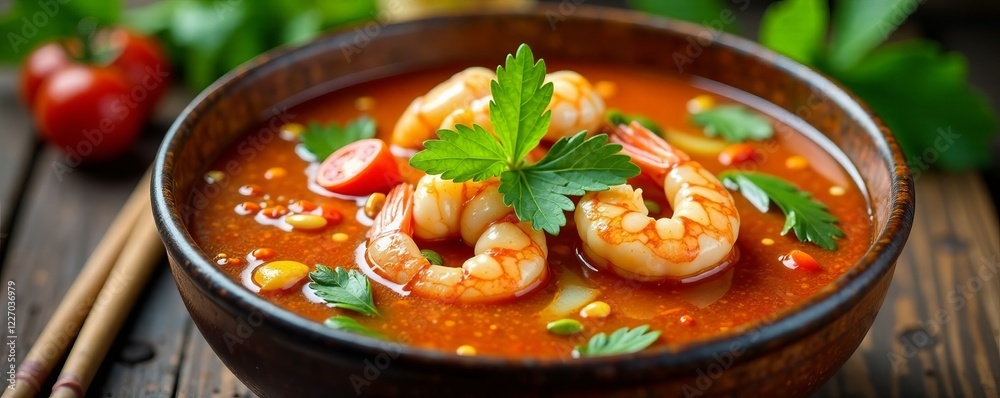 A vibrant bowl of shrimp soup garnished with herbs and vegetables. A vibrant bowl of shrimp soup garnished with herbs and vegetables.