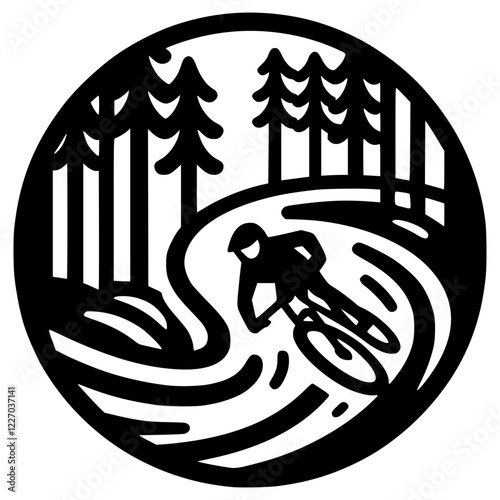 A rugged downhill trail winding through a forest, with a biker leaning sharply into a turn