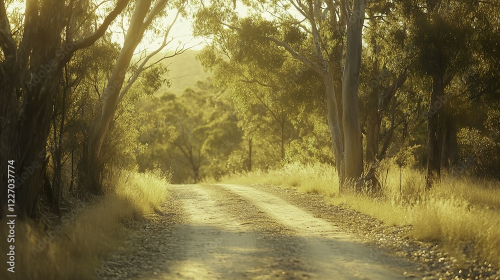 Obraz premium Golden sunlight illuminates a tranquil forest path, evoking peace and natural harmony.