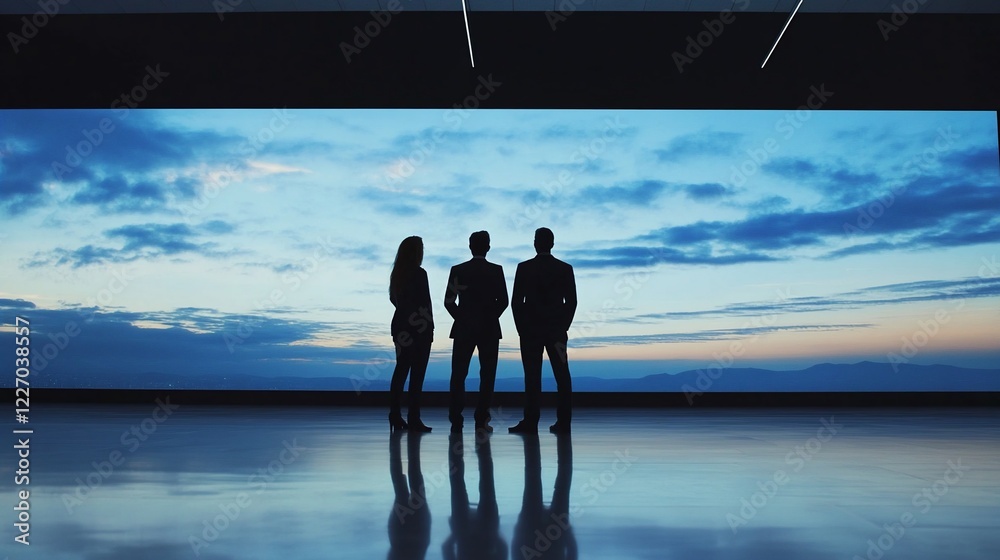 Fototapeta premium Three Silhouetted Figures Stand Before a Large Screen Displaying a Sunset Landscape